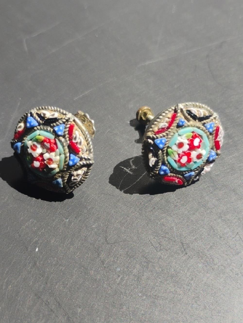 Vintage Mosaic Floral Stud Earrings - Multicolor 1950's Stamped "Italy"